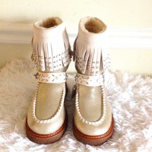 Coach Roccasin Shearling Fringe Studs Gold Boots